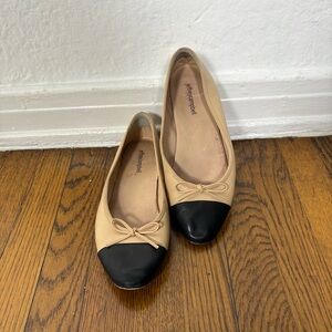 Jeffrey Campbell Beige and Black Cap-Toe Ballet Flats with Bow